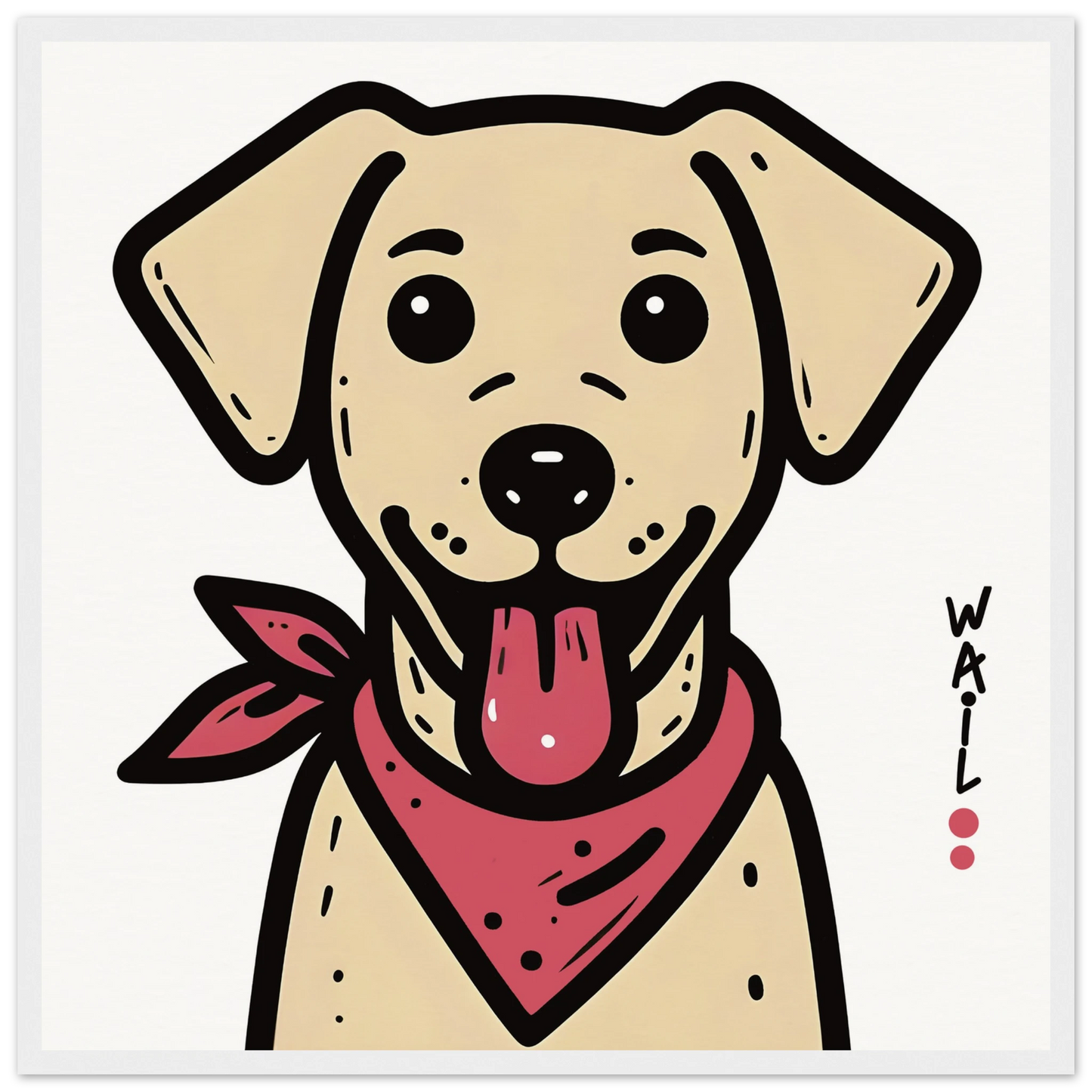 Ilustración de un perro labrador estilo cartoon con pañuelo rojo, ideal para pósters decorativos