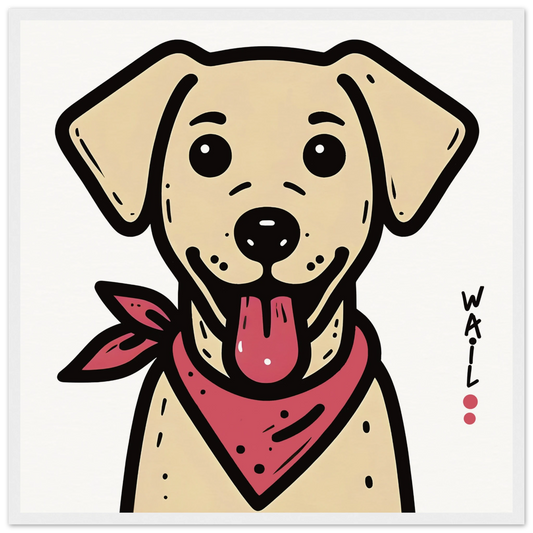 Ilustración de un perro labrador estilo cartoon con pañuelo rojo, ideal para pósters decorativos