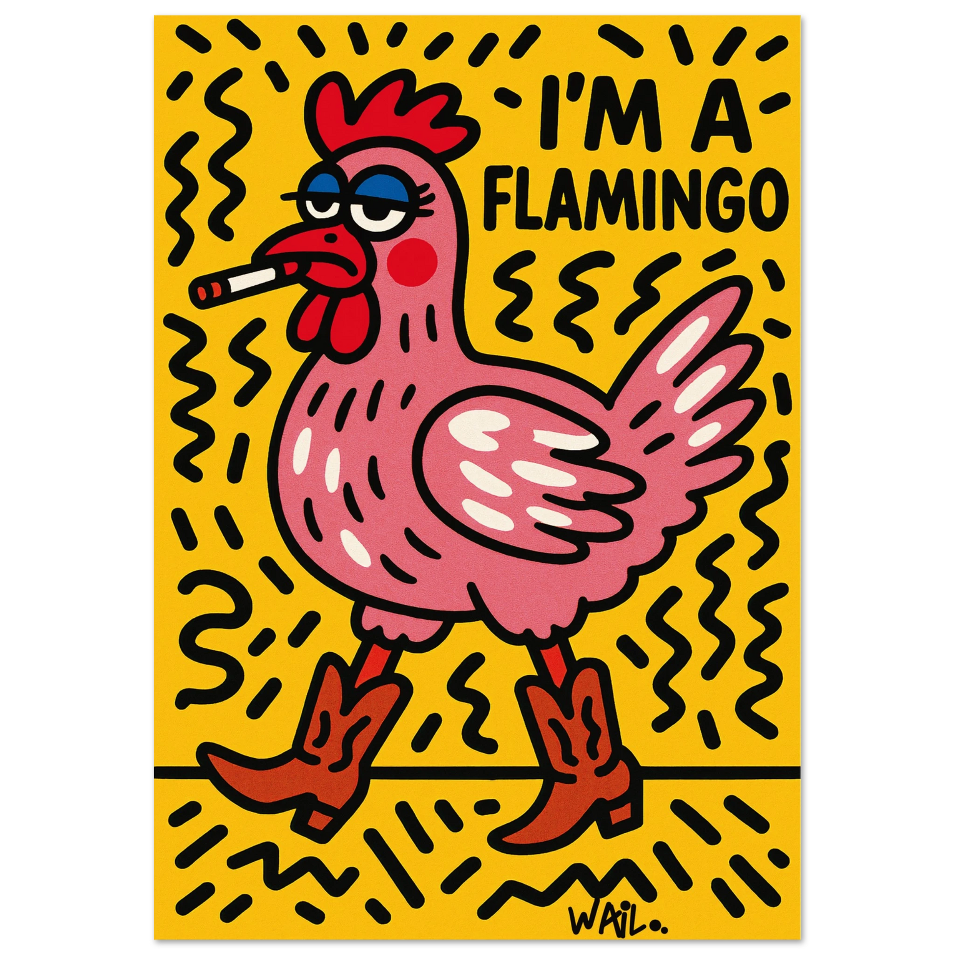 Gallina rosa con botas cowboy y maquillaje exagerado en estilo pop art, con la frase “I’m a Flamingo” — arte de pared audaz, divertido y rebelde.