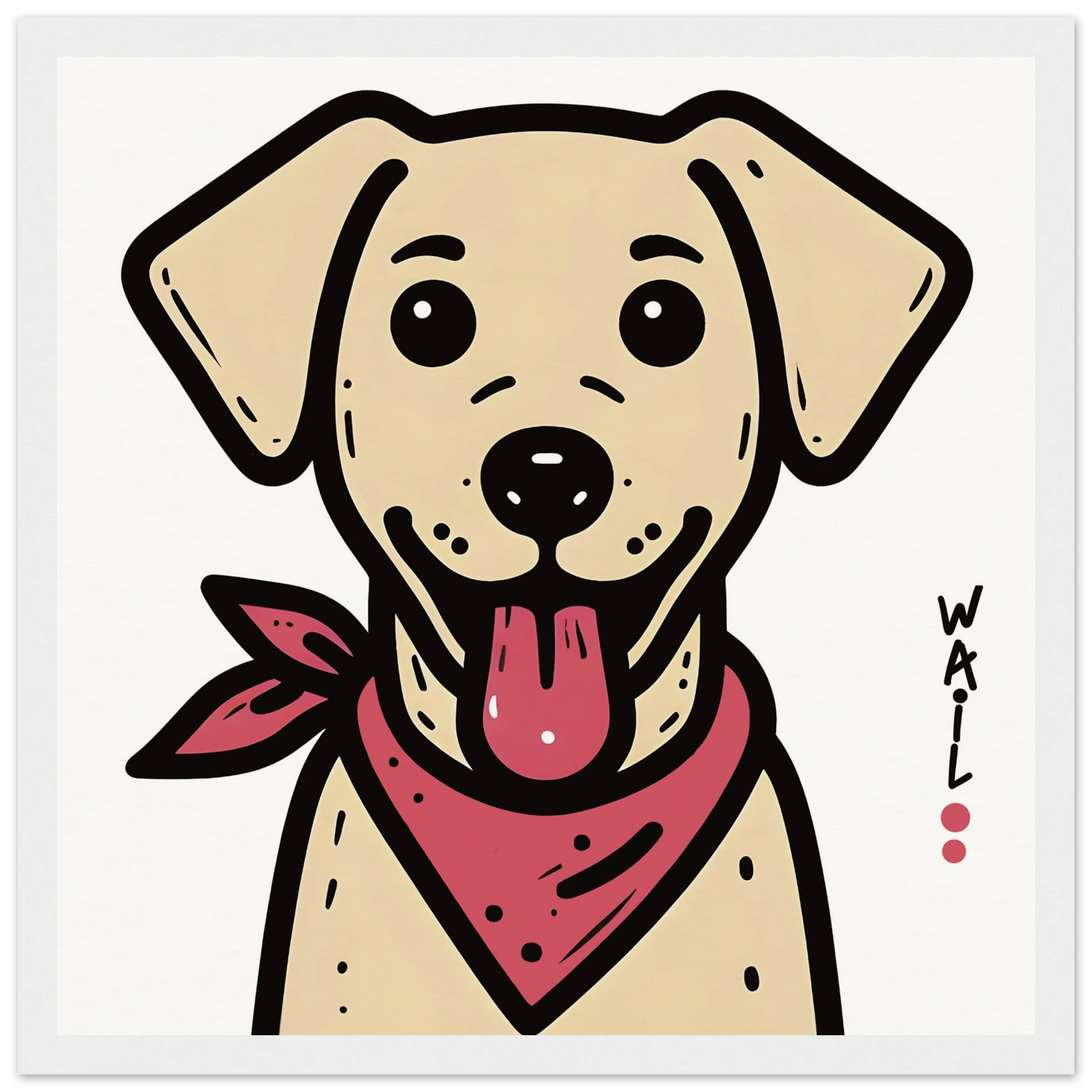 Ilustración de un perro labrador estilo cartoon con pañuelo rojo, ideal para pósters decorativos.