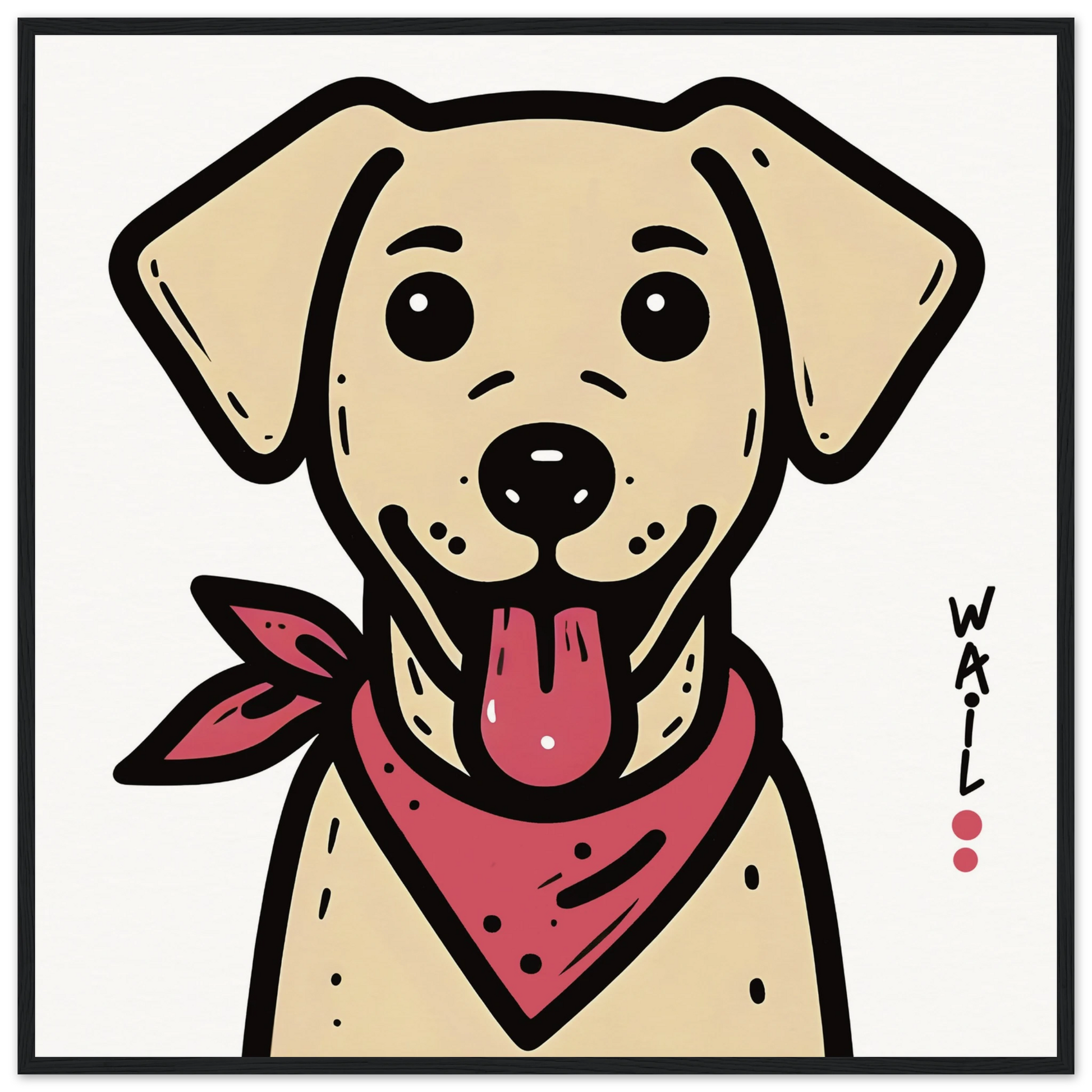 Ilustración de un perro labrador estilo cartoon con pañuelo rojo, ideal para pósters decorativos.