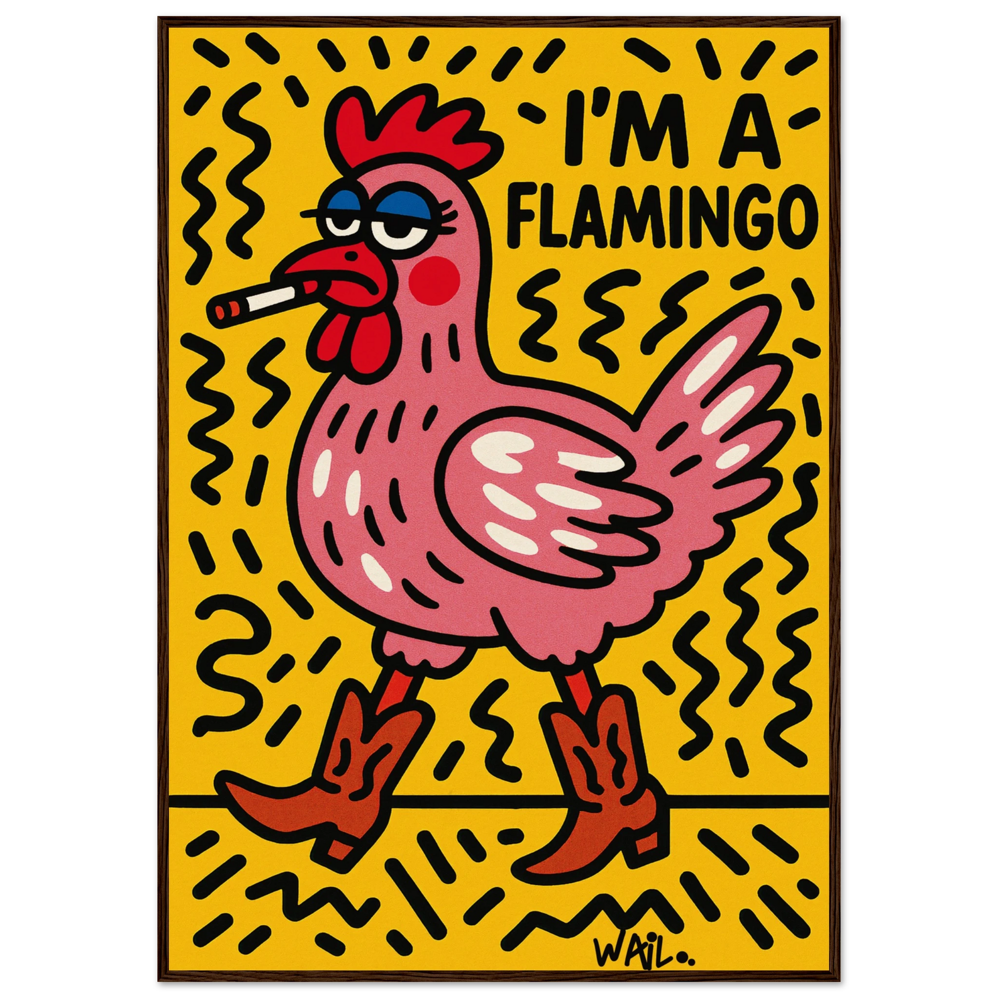 Gallina rosa con botas cowboy y maquillaje exagerado en estilo pop art, con la frase “I’m a Flamingo” — arte de pared audaz, divertido y rebelde.