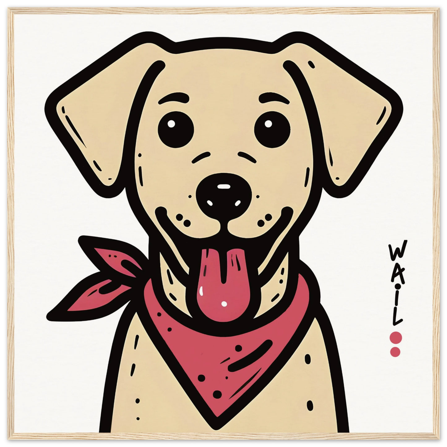 Ilustración de un perro labrador estilo cartoon con pañuelo rojo, ideal para pósters decorativos.