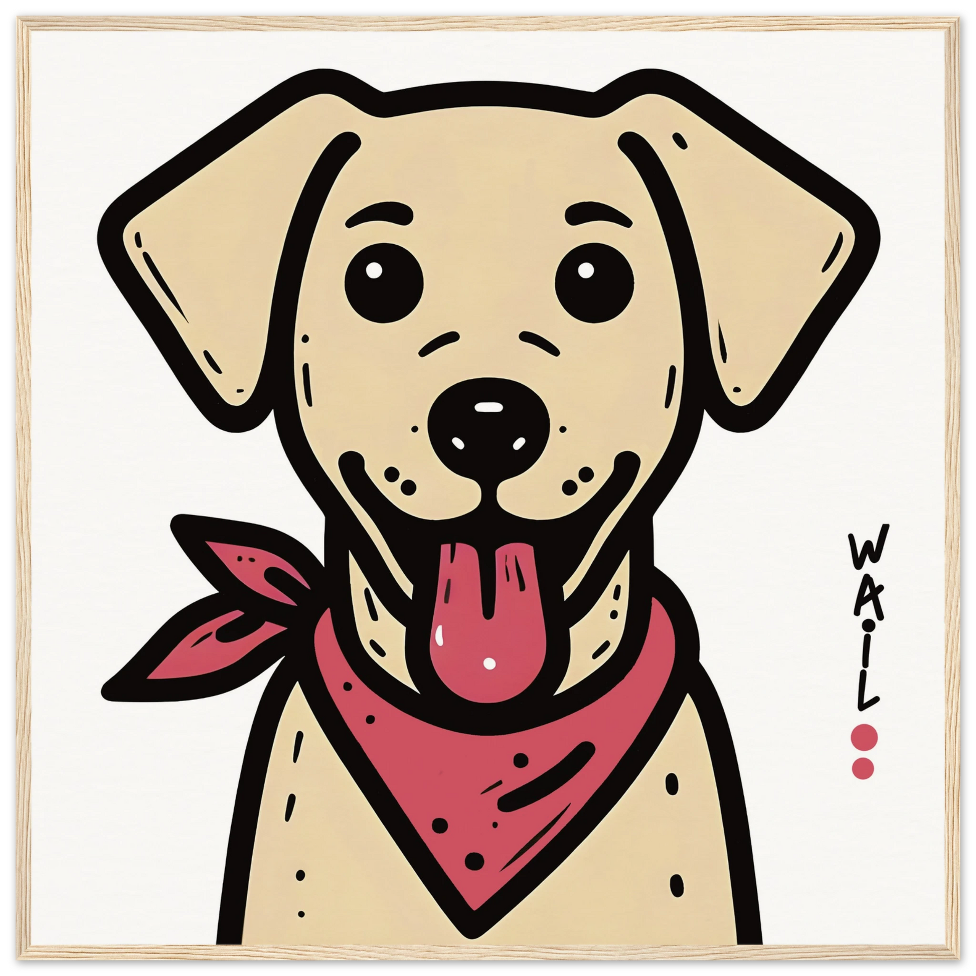 Ilustración de un perro labrador estilo cartoon con pañuelo rojo, ideal para pósters decorativos.