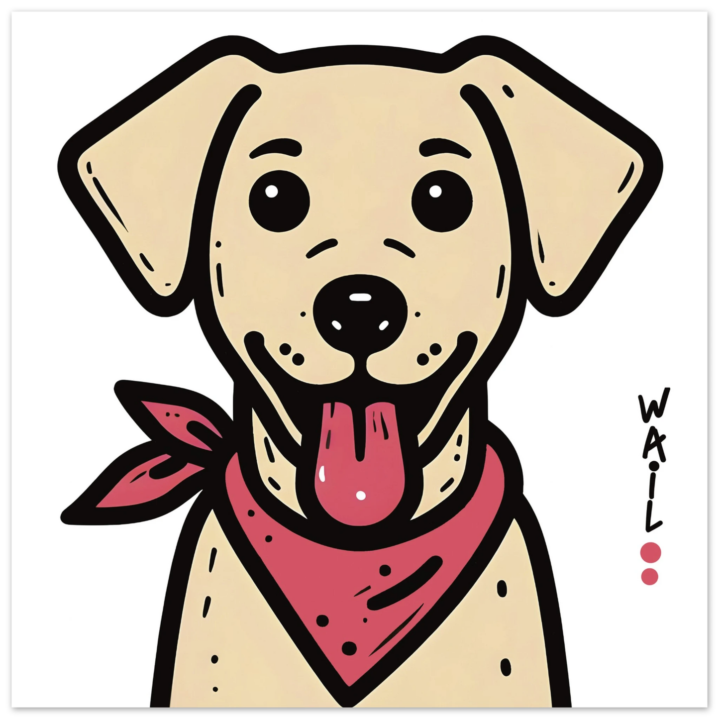 Ilustración de un perro labrador estilo cartoon con pañuelo rojo, ideal para pósters decorativos.