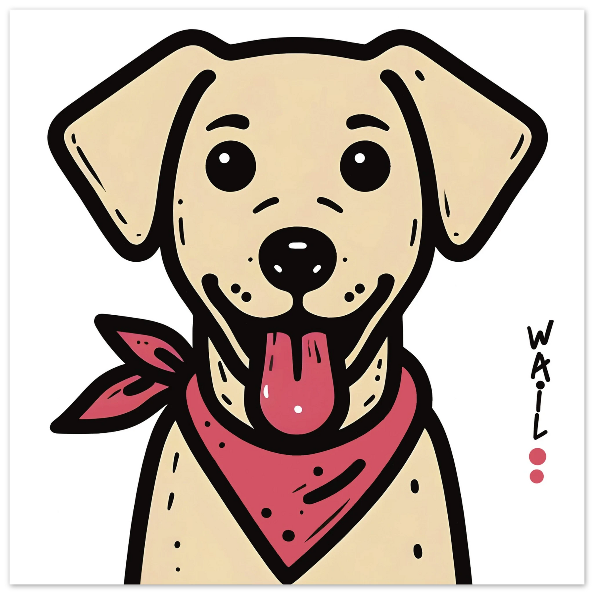 Ilustración de un perro labrador estilo cartoon con pañuelo rojo, ideal para pósters decorativos.