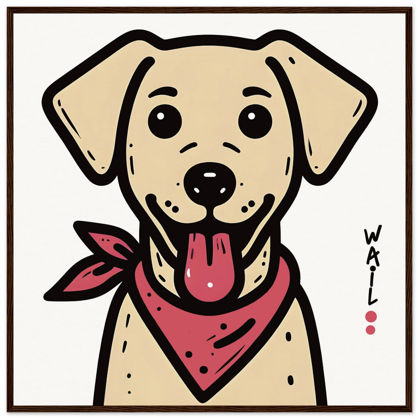 Ilustración de un perro labrador estilo cartoon con pañuelo rojo, ideal para pósters decorativos.