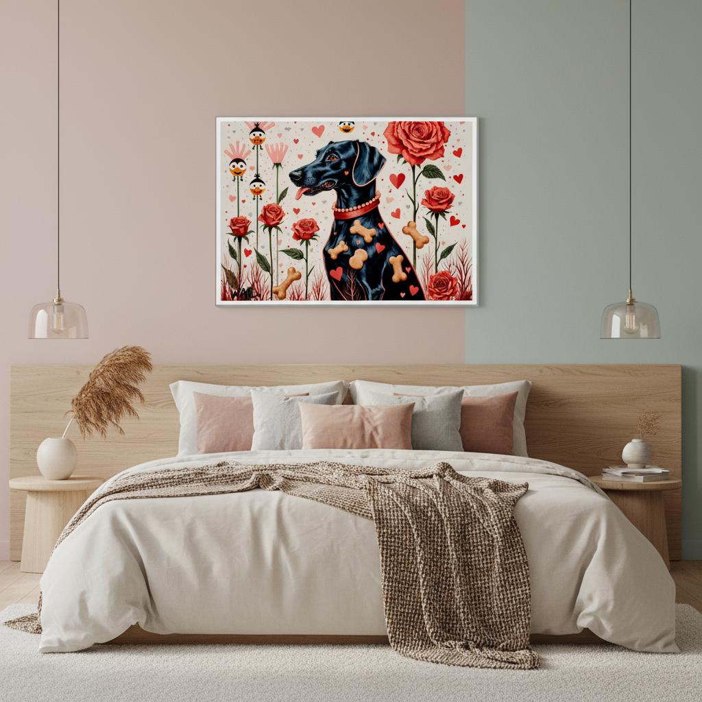 Bone Romance – Póster Pop Art de Perro Braco con Rosas y Corazones