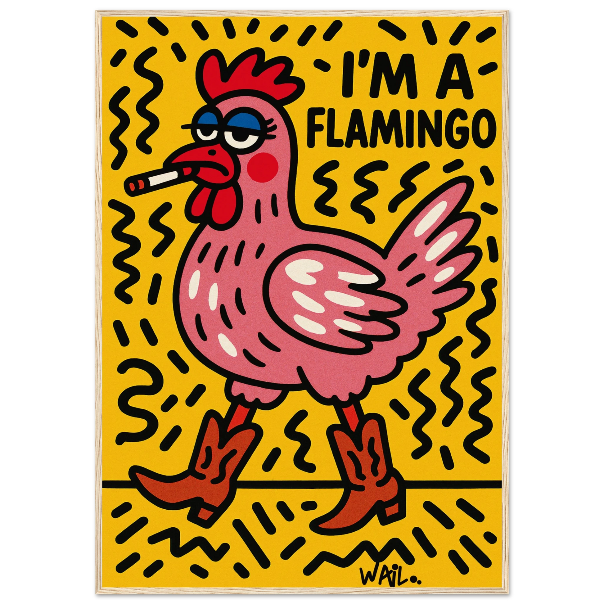 Gallina rosa con botas cowboy y maquillaje exagerado en estilo pop art, con la frase “I’m a Flamingo” — arte de pared audaz, divertido y rebelde.