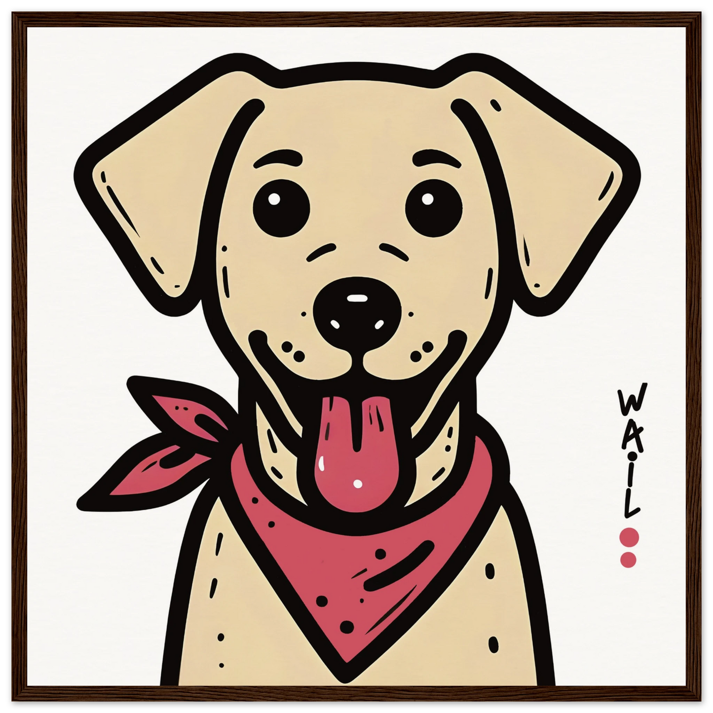 Ilustración de un perro labrador estilo cartoon con pañuelo rojo, ideal para pósters decorativos.