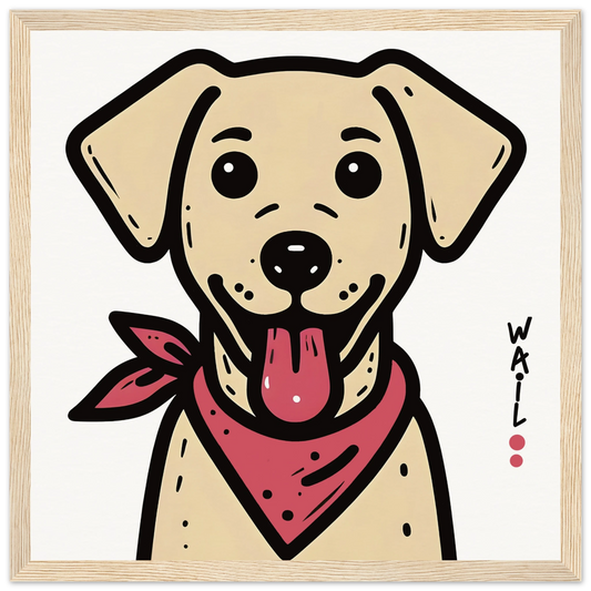 Ilustración de un perro labrador estilo cartoon con pañuelo rojo, ideal para pósters decorativos.