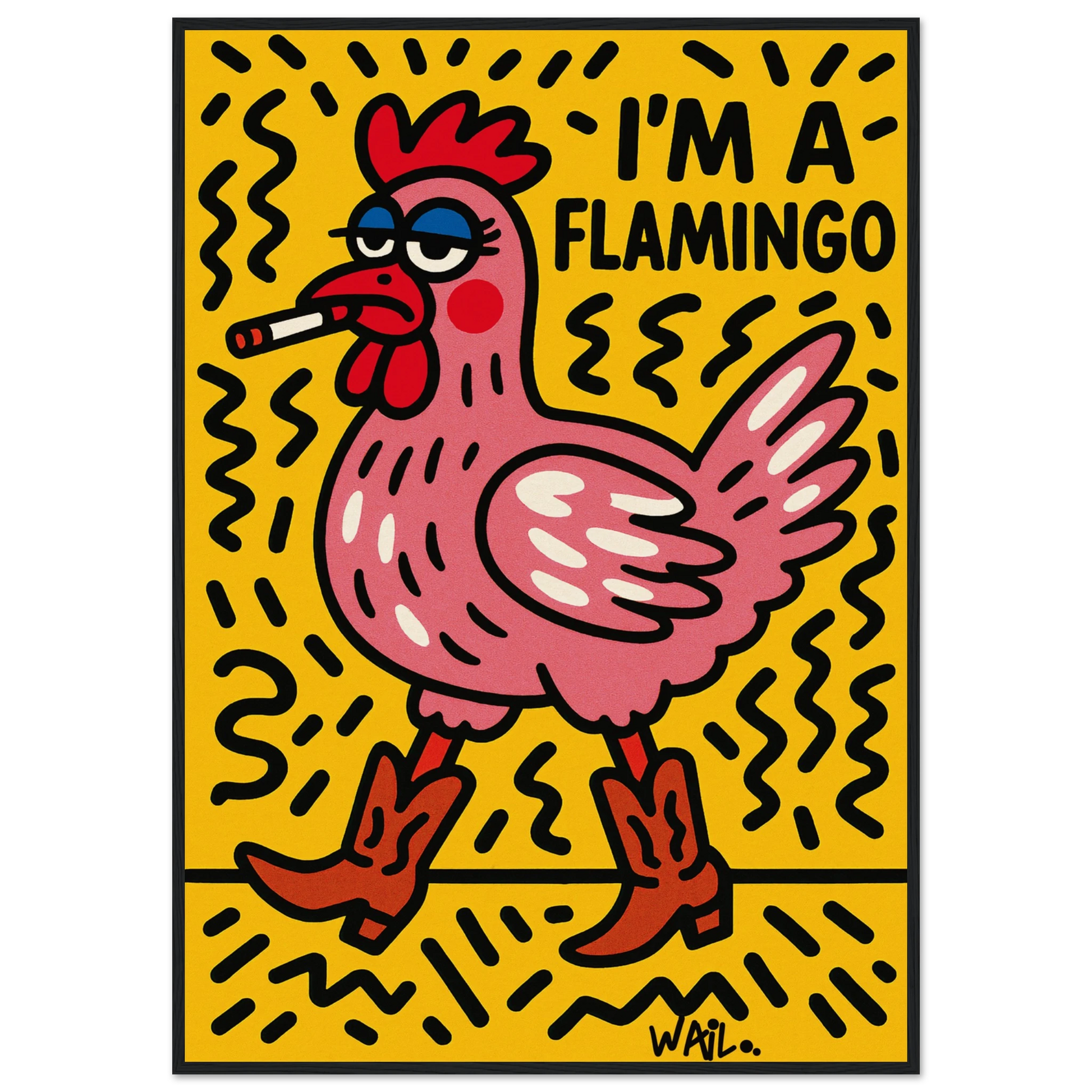 Gallina rosa con botas cowboy y maquillaje exagerado en estilo pop art, con la frase “I’m a Flamingo” — arte de pared audaz, divertido y rebelde.