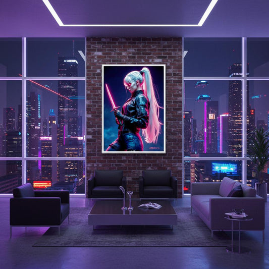 Zyrah – Poster Arte cyberpunk futurista con guerrera de cabello blanco y katana de neón