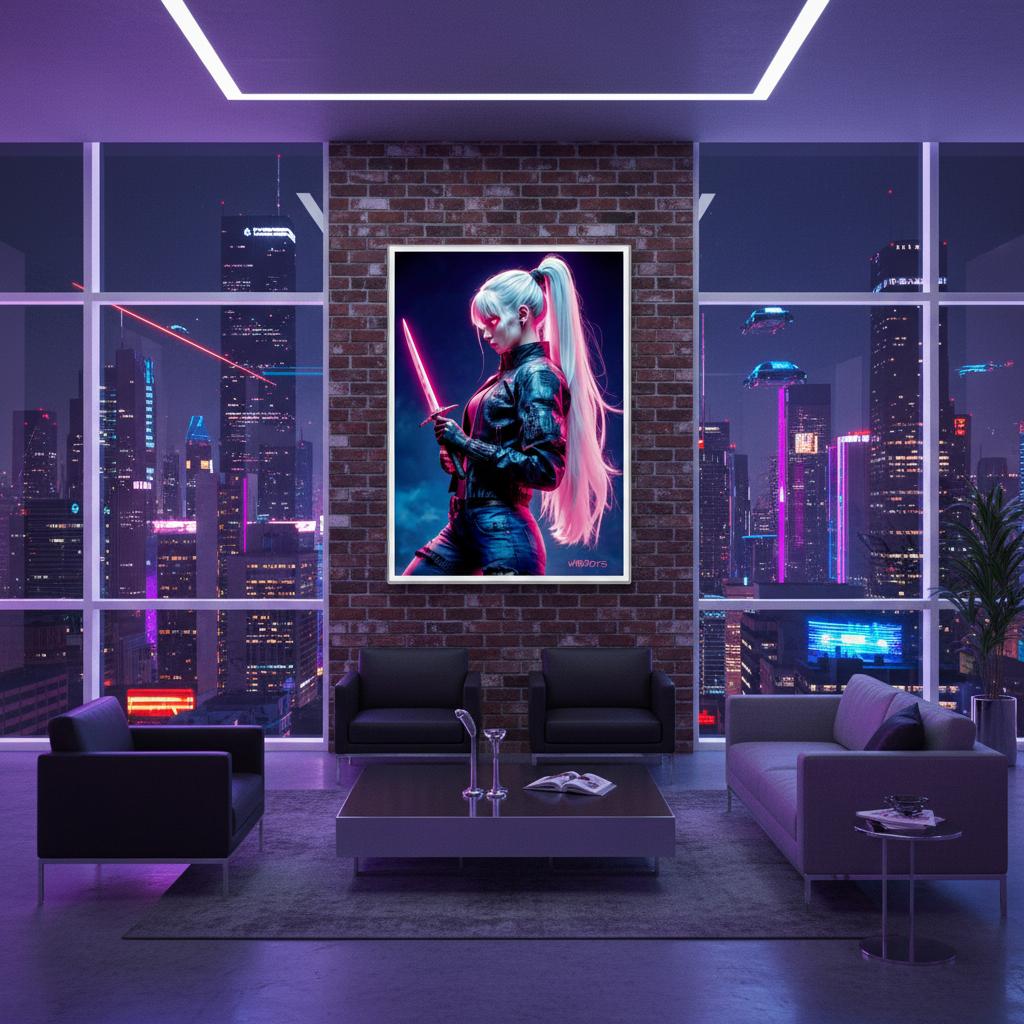 Zyrah – Poster Arte cyberpunk futurista con guerrera de cabello blanco y katana de neón